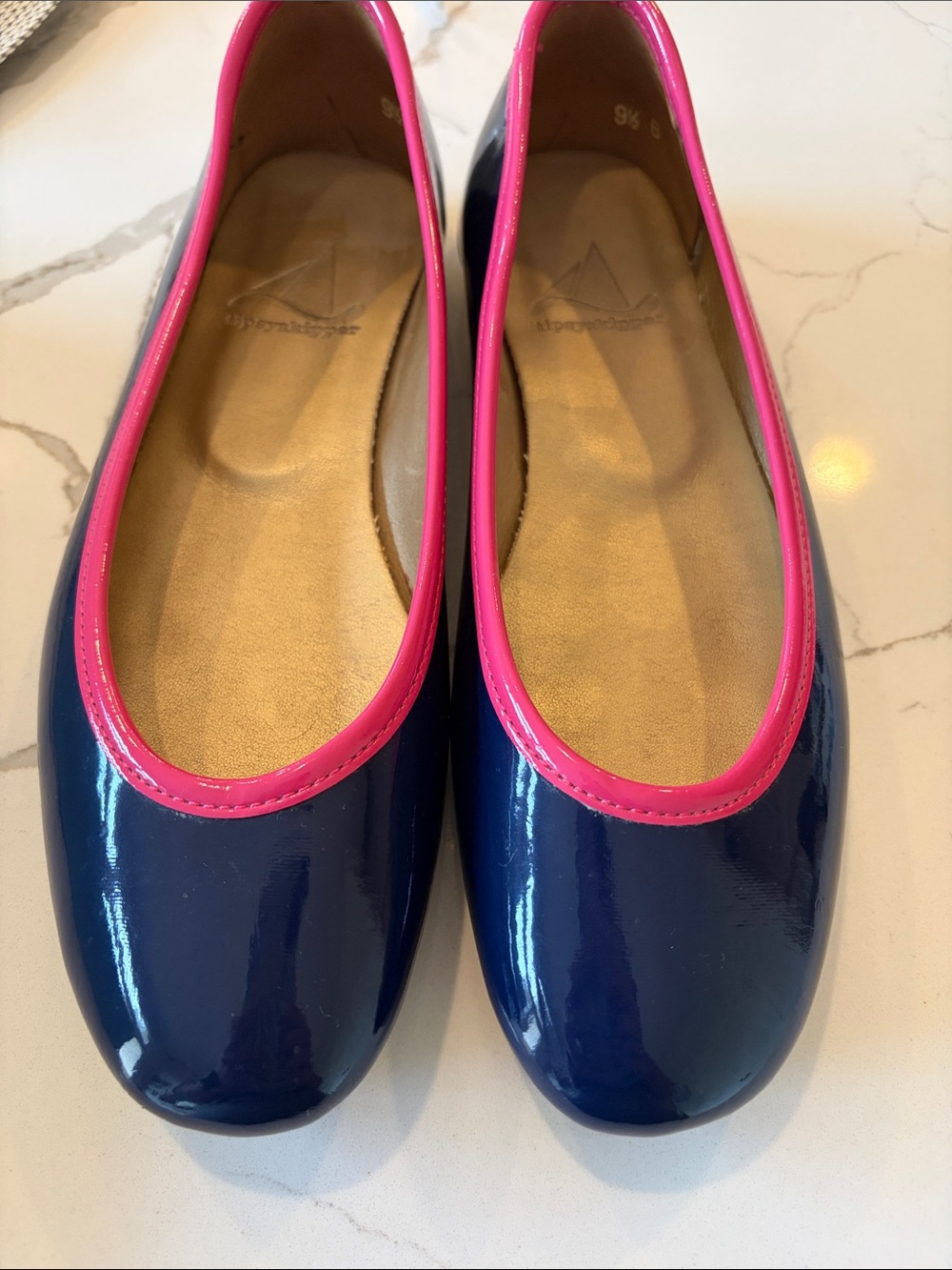Navy Patent Ballet Flats/ Golf Shoes with Pink Trim - size 9.5- soft spikes
